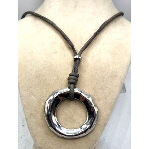 Silver-Tone Circular Pendant Necklace On Adjustable Leather Cord For Women